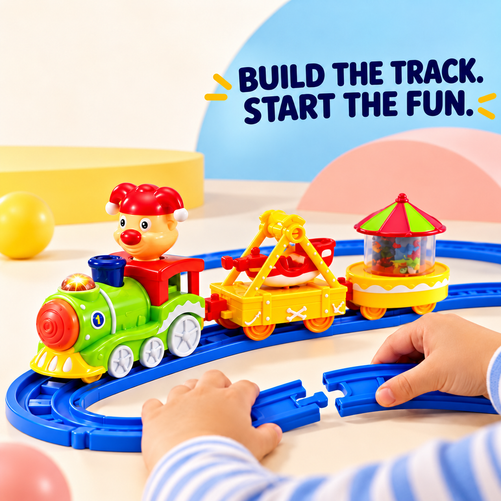 electric three-car circus toy train on a blue track