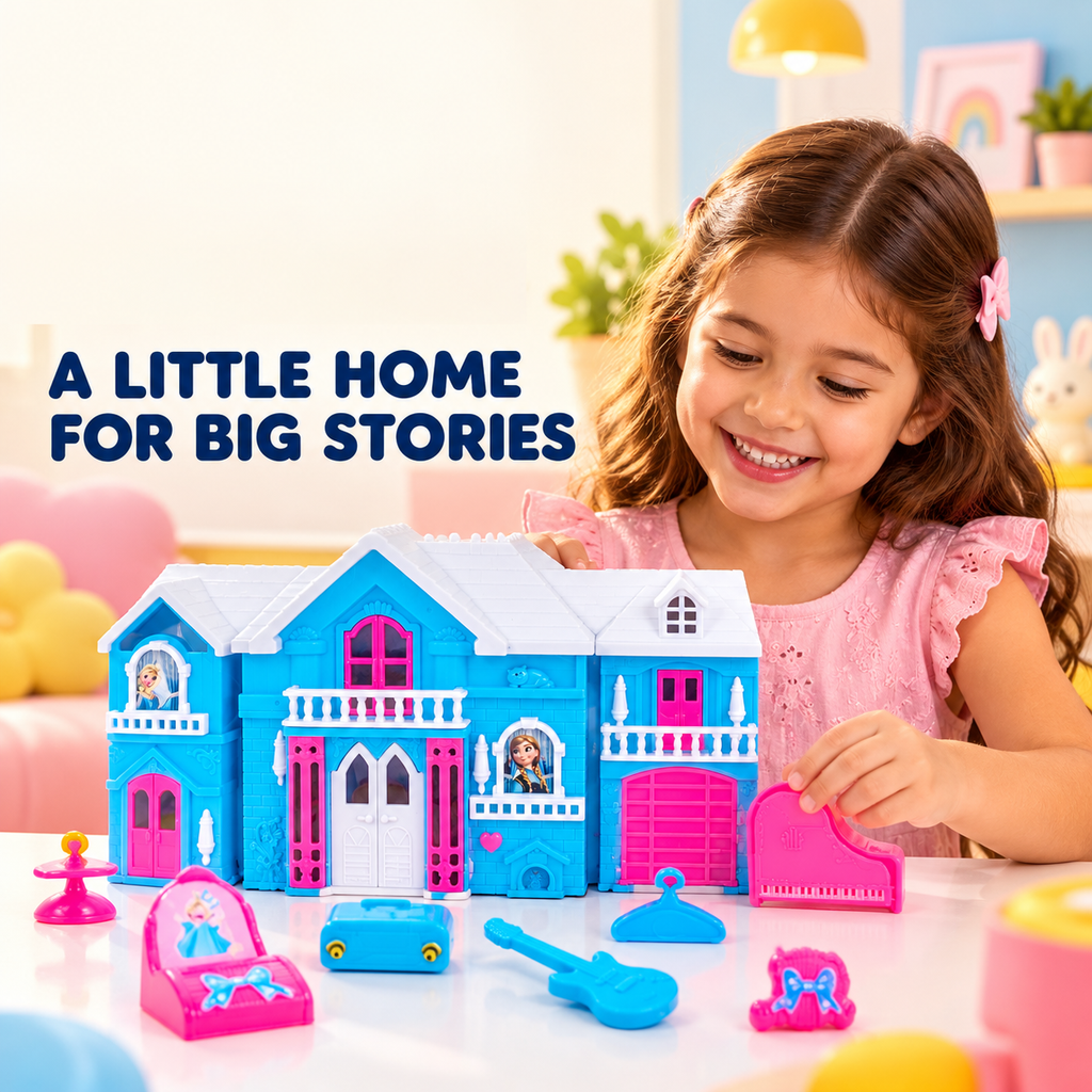 pink and blue toy villa dollhouse with furniture