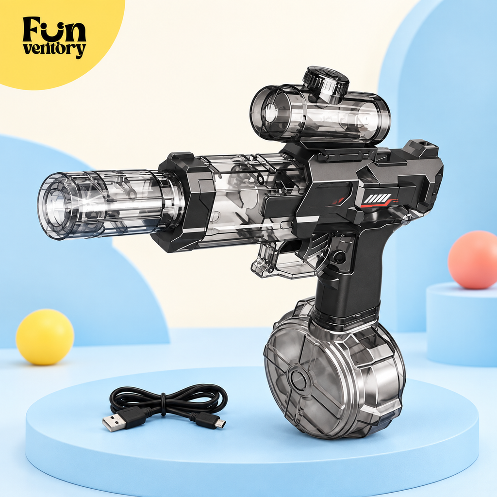 Transparent black electric water blaster with drum tank and charging cable