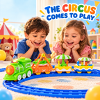 electric three-car circus toy train on a blue track