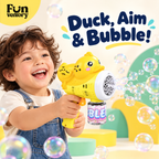 Boy aiming a yellow animal bubble gun