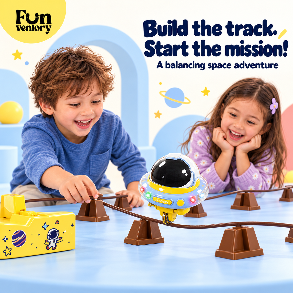Two children building the track for a balancing space robot