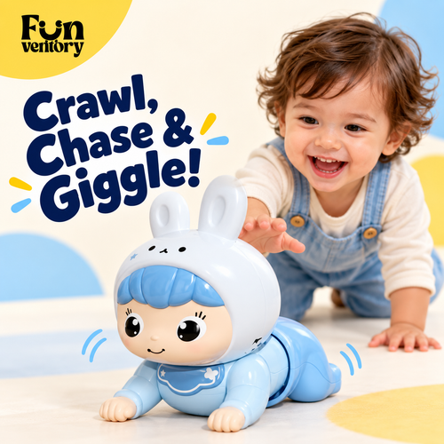 Crawling bunny baby toy encouraging a baby to crawl and chase