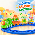 electric three-car circus toy train on a blue track