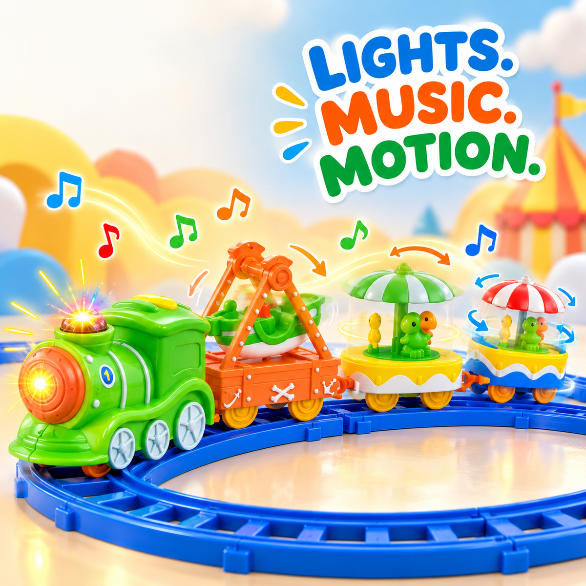 electric three-car circus toy train on a blue track
