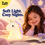 Girl reading beside a soft glowing unicorn lamp