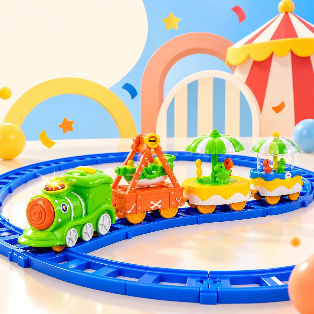 electric three-car circus toy train on a blue track