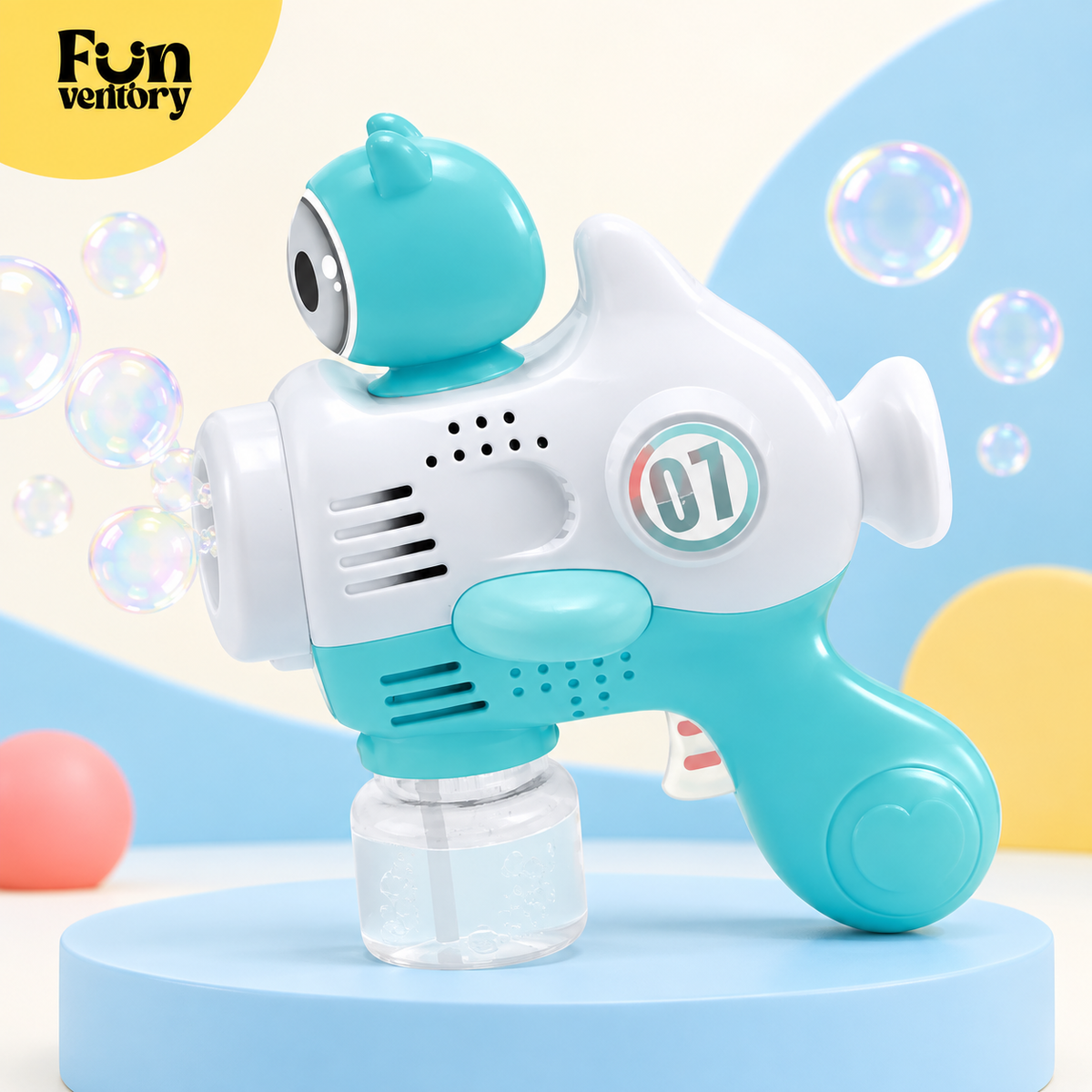 Aqua and white whale bubble gun for kids