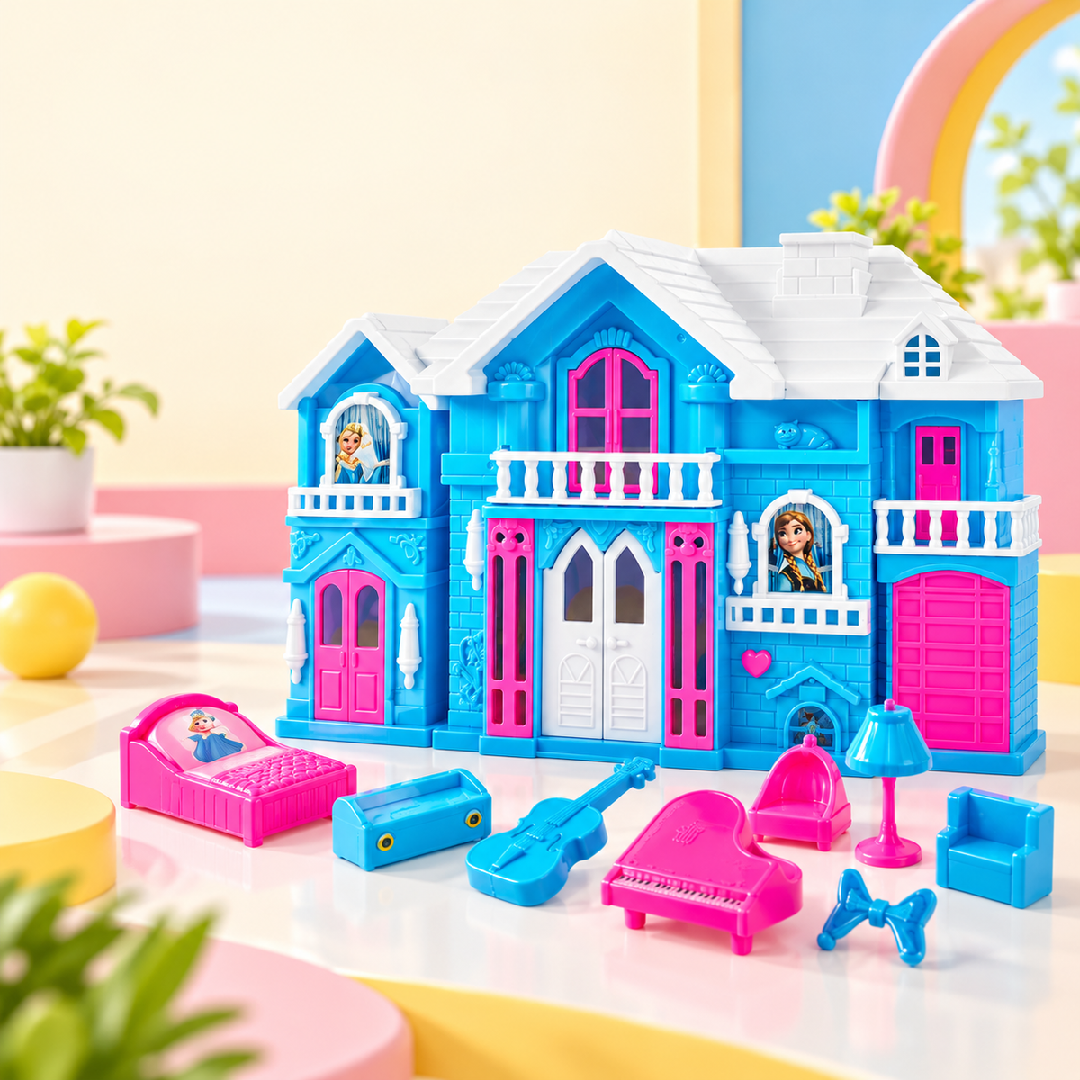 pink and blue toy villa dollhouse with furniture