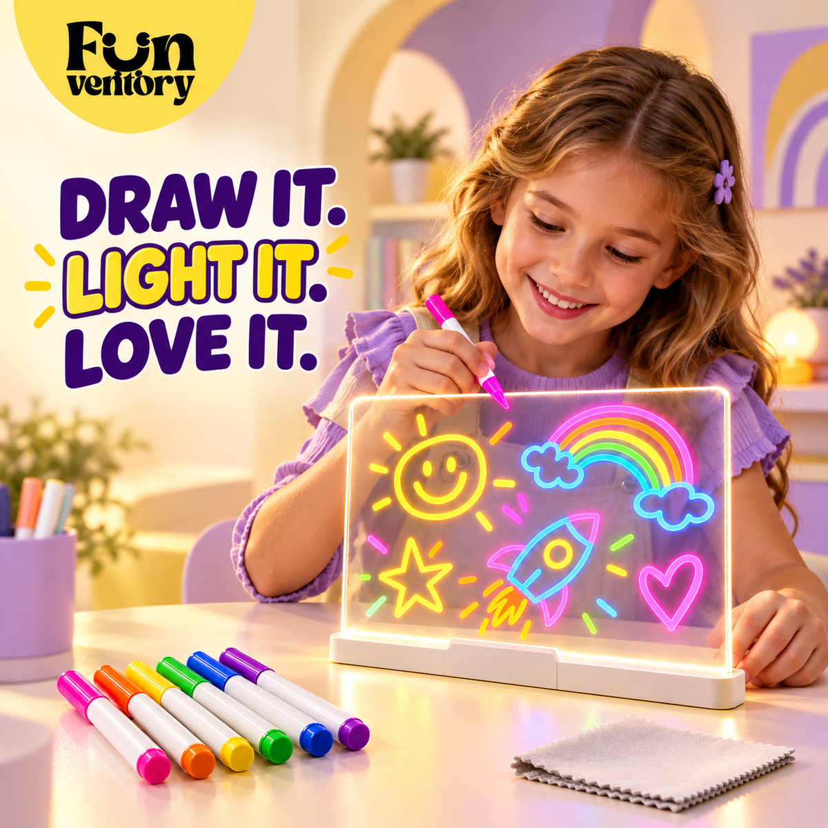 LED glow drawing board for kids with neon markers