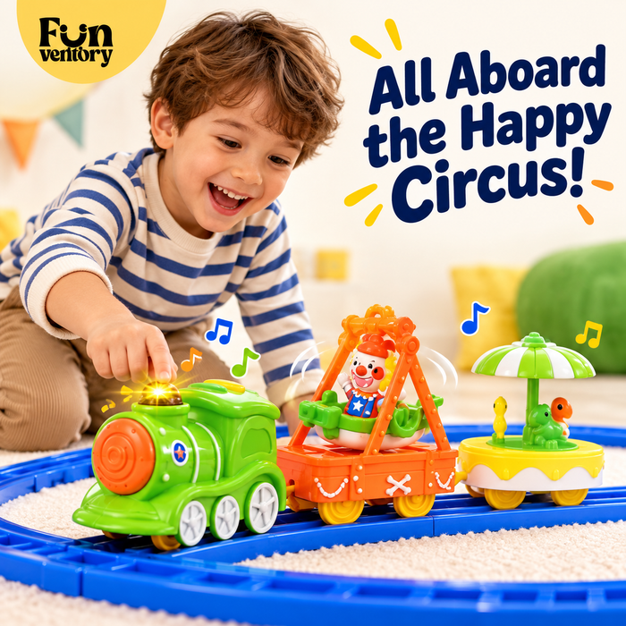 Boy playing with a musical circus train set on its track