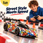 Boy racing a graffiti remote control sports car