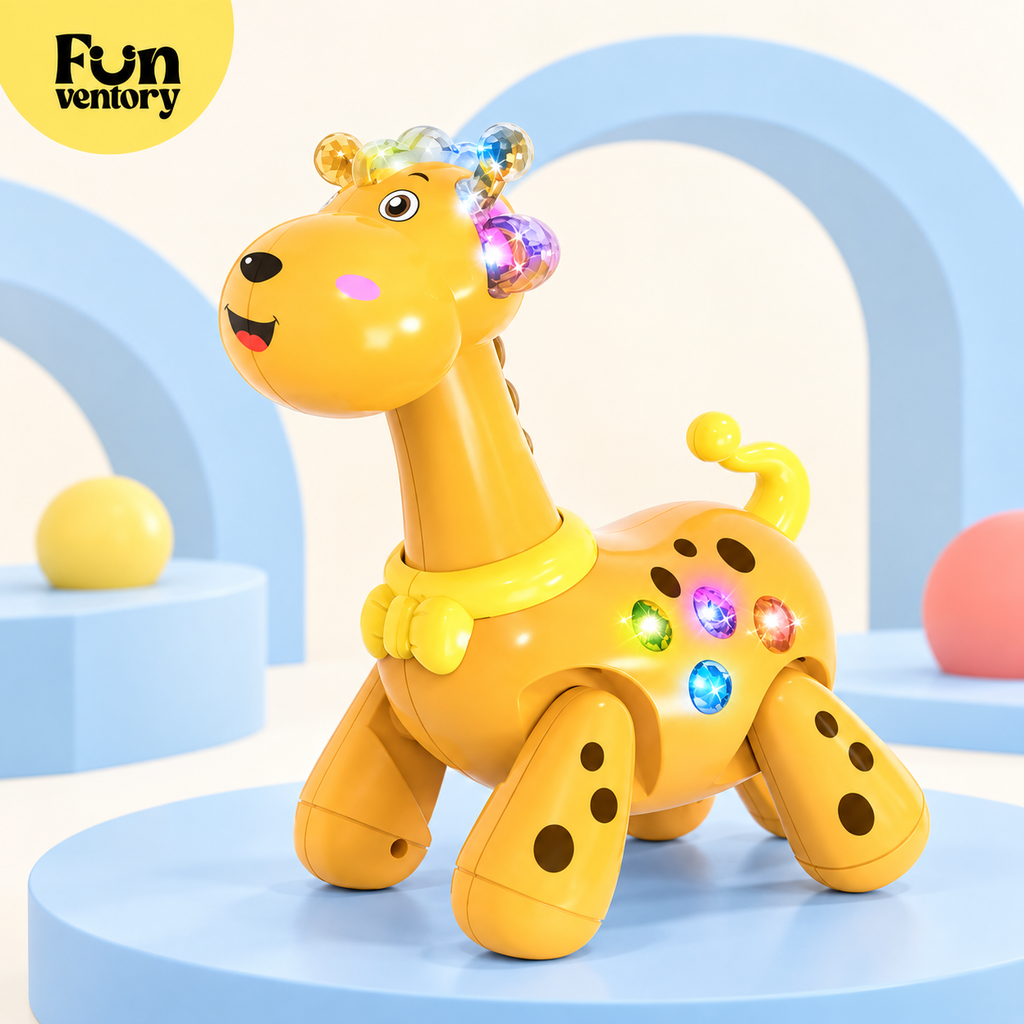Yellow electric walking giraffe toy with colourful lights