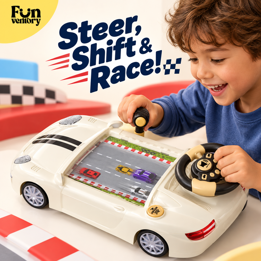 Boy steering a toy car driving simulator with gear shift
