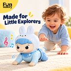Baby crawling after a musical crawling bunny toy