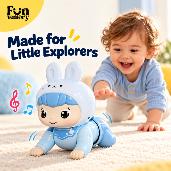 Baby crawling after a musical crawling bunny toy