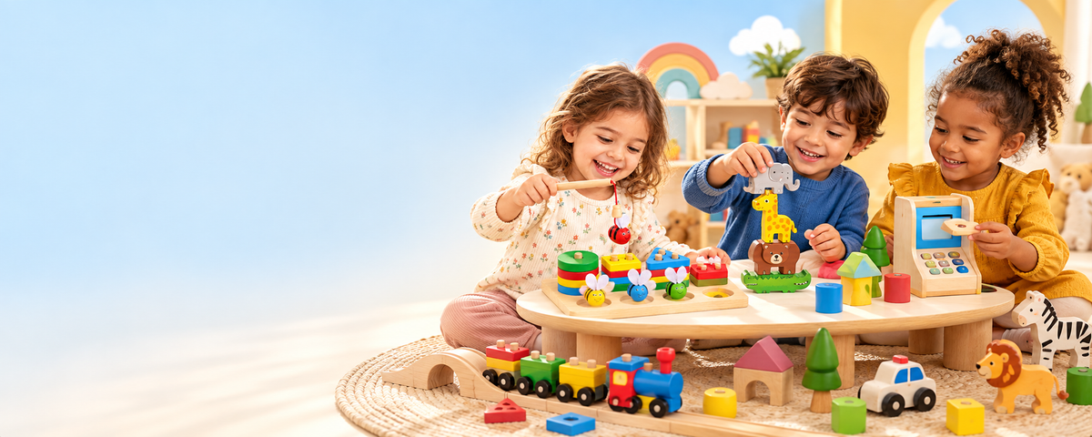 Three children playing with colourful wooden toys around a low table