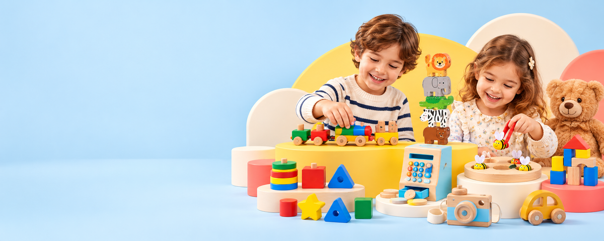 Two children playing with a wooden train, stacking animals and shape sorters