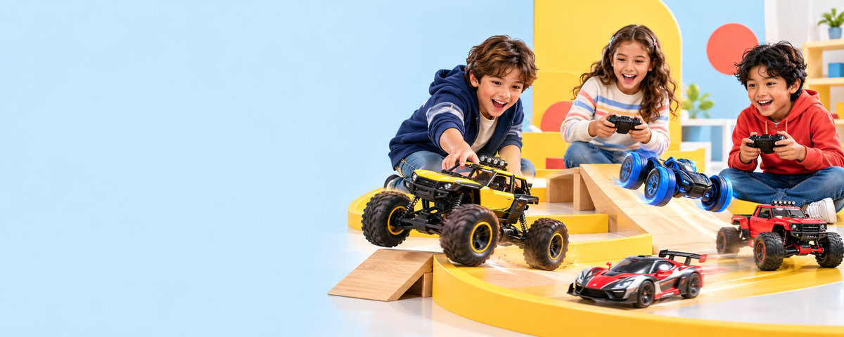 Kids racing remote-control cars over ramps