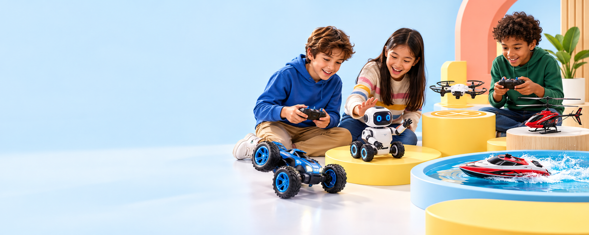 Kids playing with a robot, a drone, a stunt car and a remote-control boat