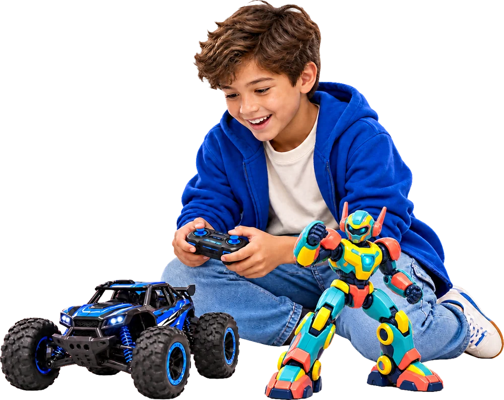 Boy playing with a remote control car and a robot action figure