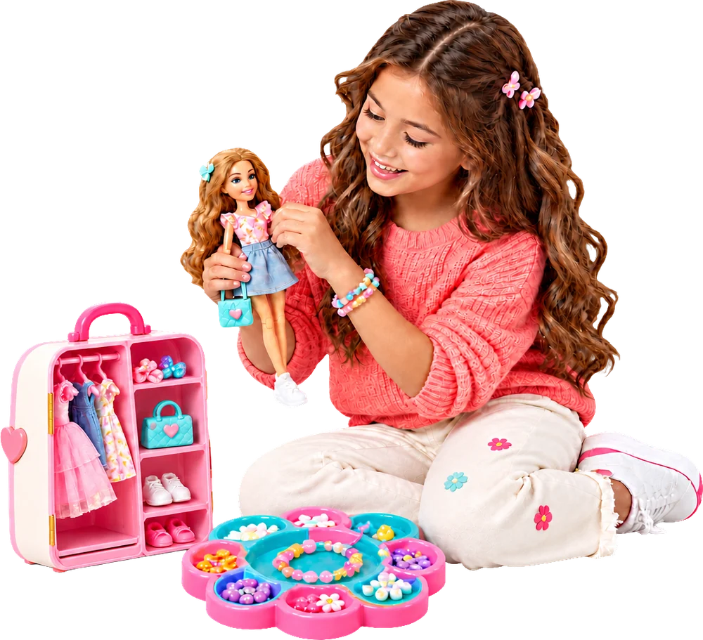 Girl playing with a fashion doll, wardrobe playset and bead kit